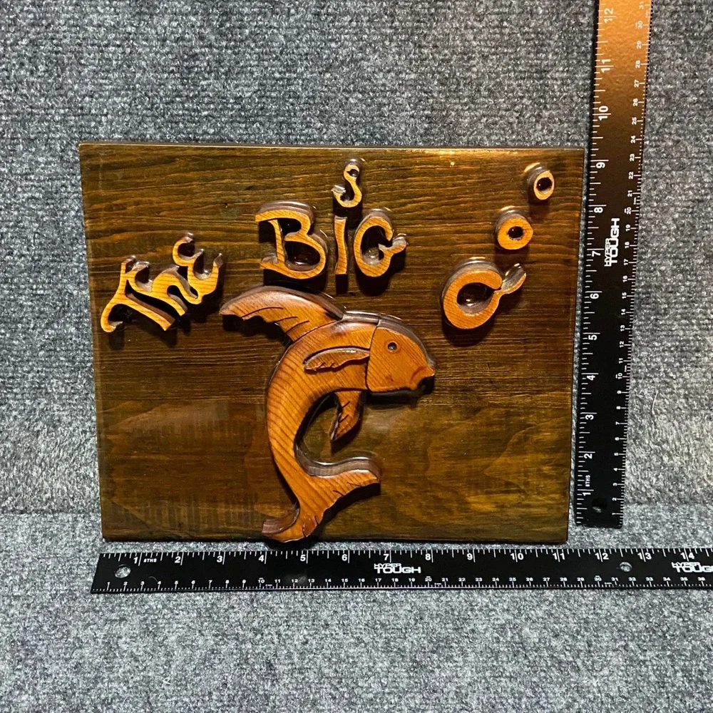 The Big One Vintage Wood Fish Plaque 3D Relief Rustic Nautical Cabin Lake Decor
